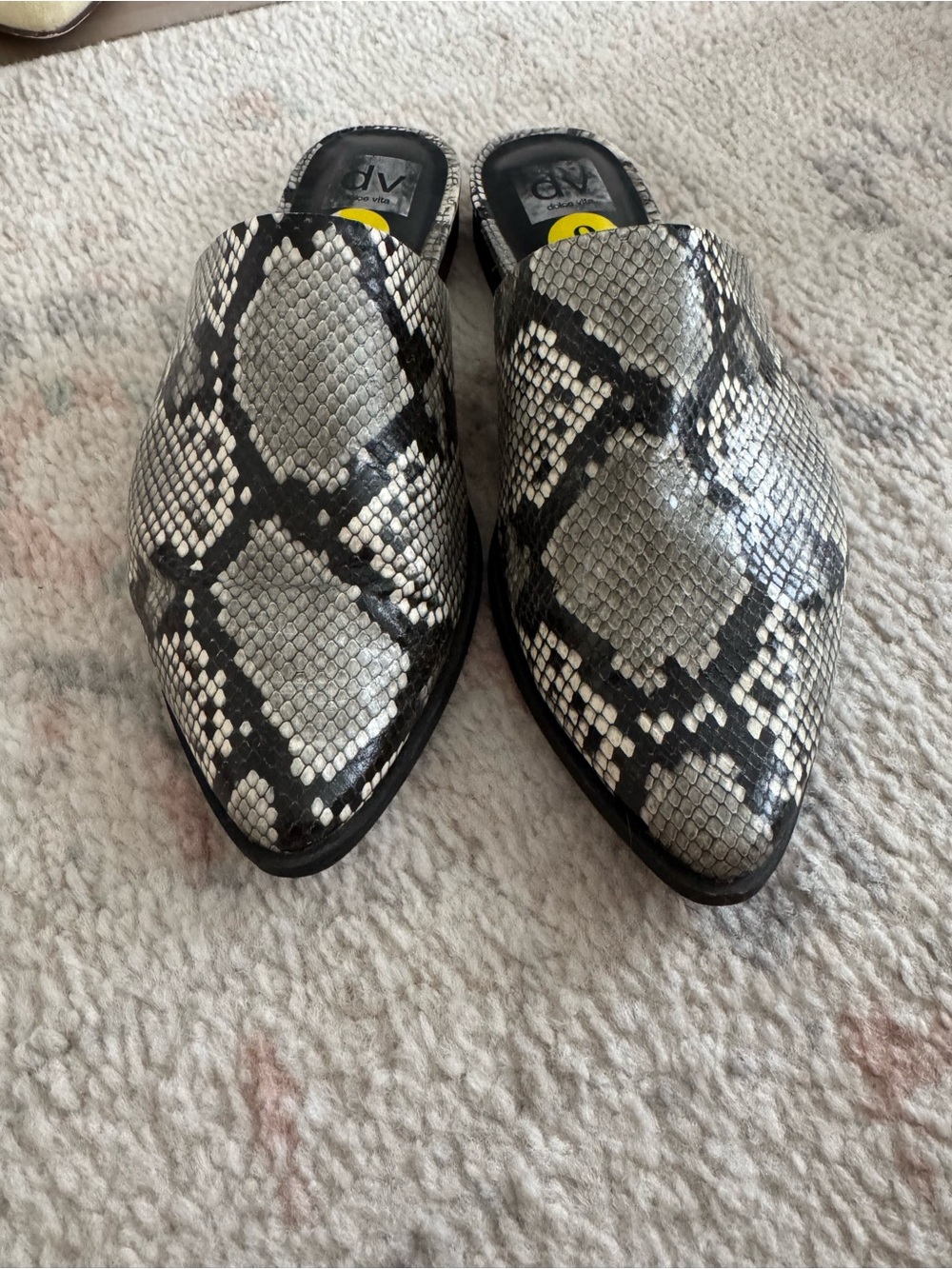 DV by Dolce Vita Black and Silver Snake-Print Pointed Slip-On Mules